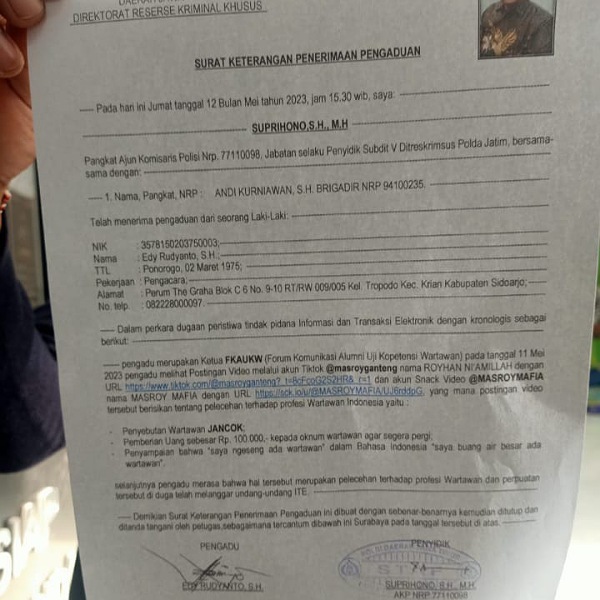 Bos Mafia Gedang Resmi di laporkan forum Komunikasi Alumni UKW ( FKAUKW) ke Mapolda Jawa Timur